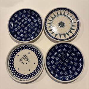 NWT Boleslawiec Polish Pottery Stars Pines Snowflakes Salad Plates 7.5” Set 4